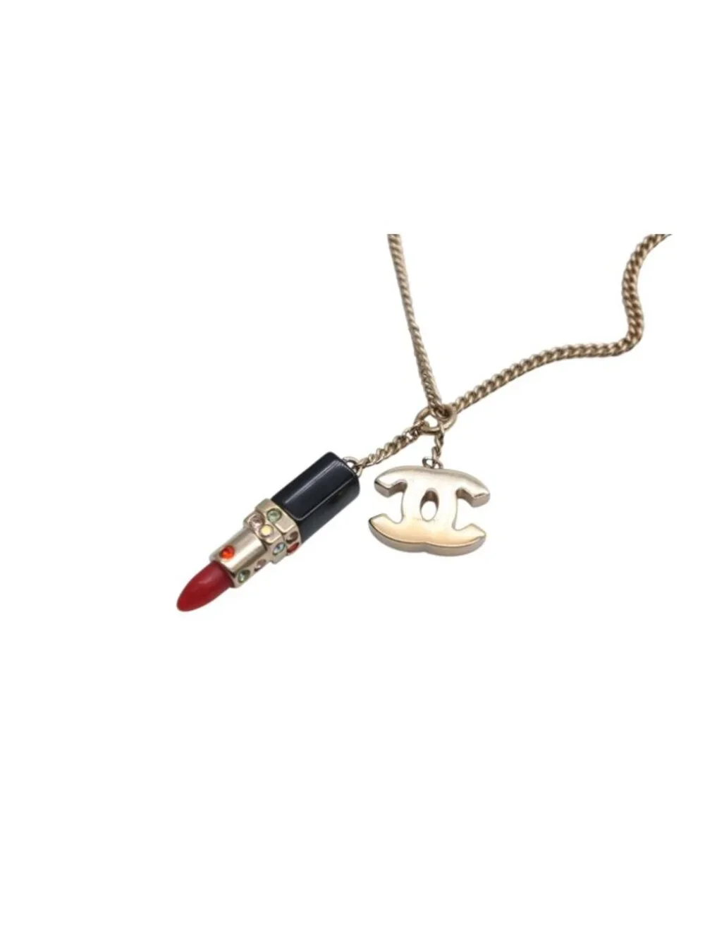 Chanel Lip Necklace 04 Metal Rhinestone Black Red Gold